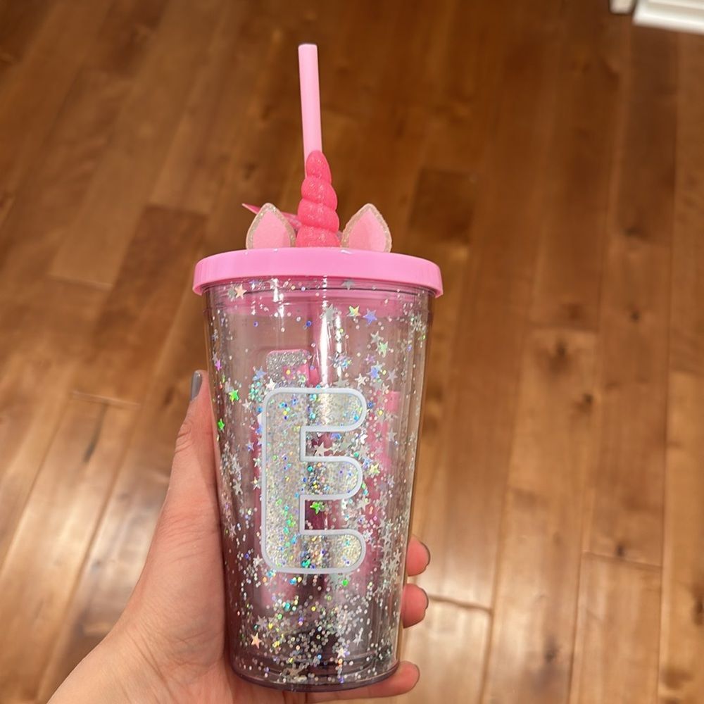 Letter E plastic straw cup and make up bundle